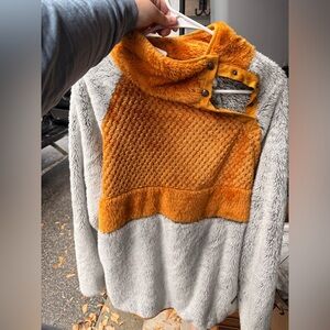 Simply Southern Mustard Yellow and Gray Cowl Neck Sweater